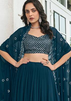 Blue Embroidered & Sequins Georgette Semi Stitched Lehenga Set 2