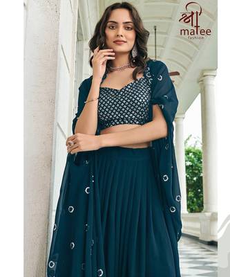 Blue Embroidered & Sequins Georgette Semi Stitched Lehenga Set 3