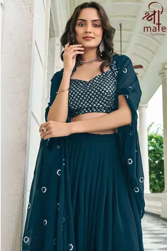 Blue Embroidered & Sequins Georgette Semi Stitched Lehenga Set