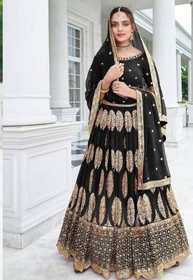 Black Embroidery Thread & Sequins Georgette Semi Stitched Lehenga Set 1
