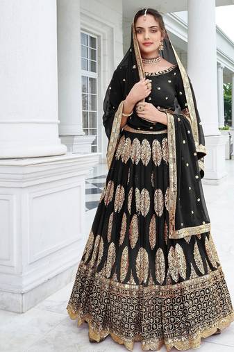 Black Embroidery Thread & Sequins Georgette Semi Stitched Lehenga Set