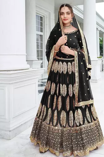 Black Embroidery Thread & Sequins Georgette Semi Stitched Lehenga Set