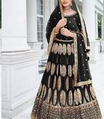 Black Embroidery Thread & Sequins Georgette Semi Stitched Lehenga Set