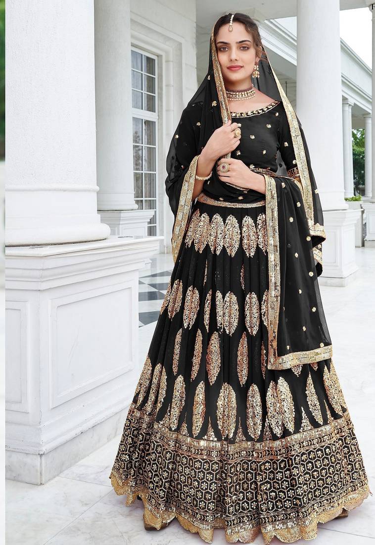 Black Embroidery Thread & Sequins Georgette Semi Stitched Lehenga Set