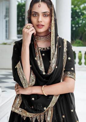 Black Embroidery Thread & Sequins Georgette Semi Stitched Lehenga Set 2