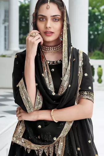 Black Embroidery Thread & Sequins Georgette Semi Stitched Lehenga Set