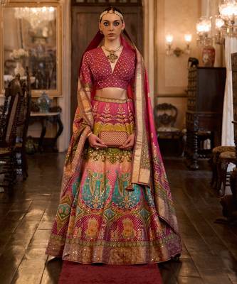 Multi Sparkle & Mirror Silk Blend Semi Stitched Lehenga Set 1