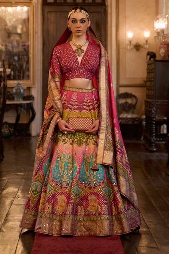 Multi Sparkle & Mirror Silk Blend Semi Stitched Lehenga Set