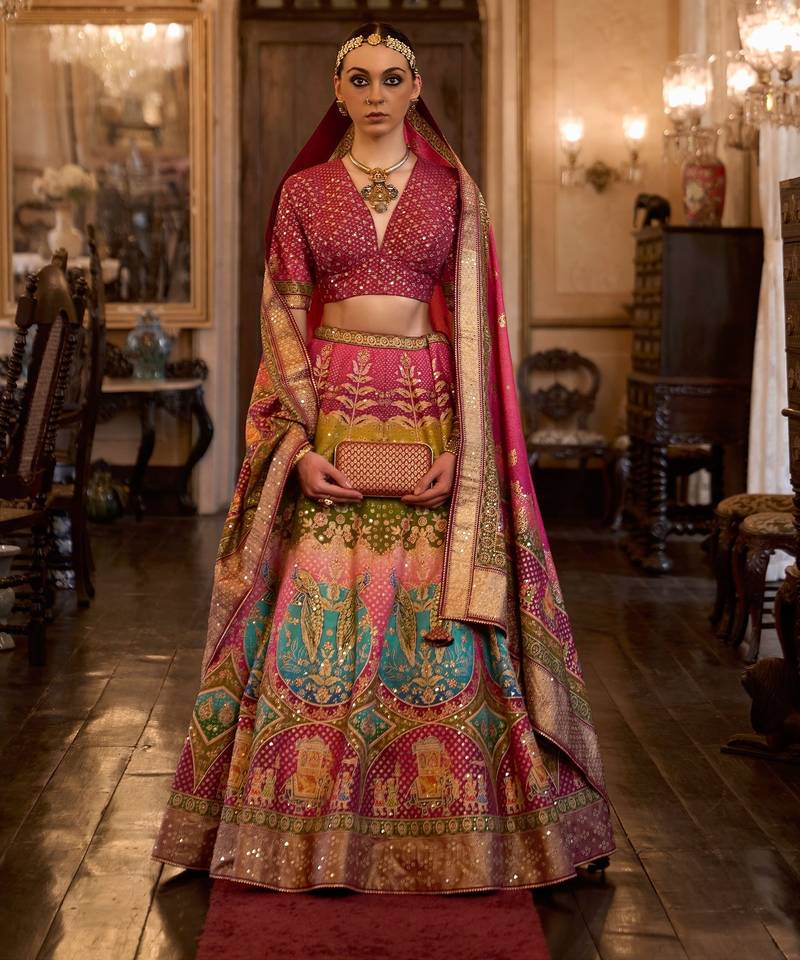 Multi Sparkle & Mirror Silk Blend Semi Stitched Lehenga Set