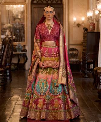 Multi Sparkle & Mirror Silk Blend Semi Stitched Lehenga Set 3