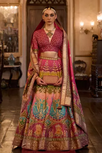 Multi Sparkle & Mirror Silk Blend Semi Stitched Lehenga Set