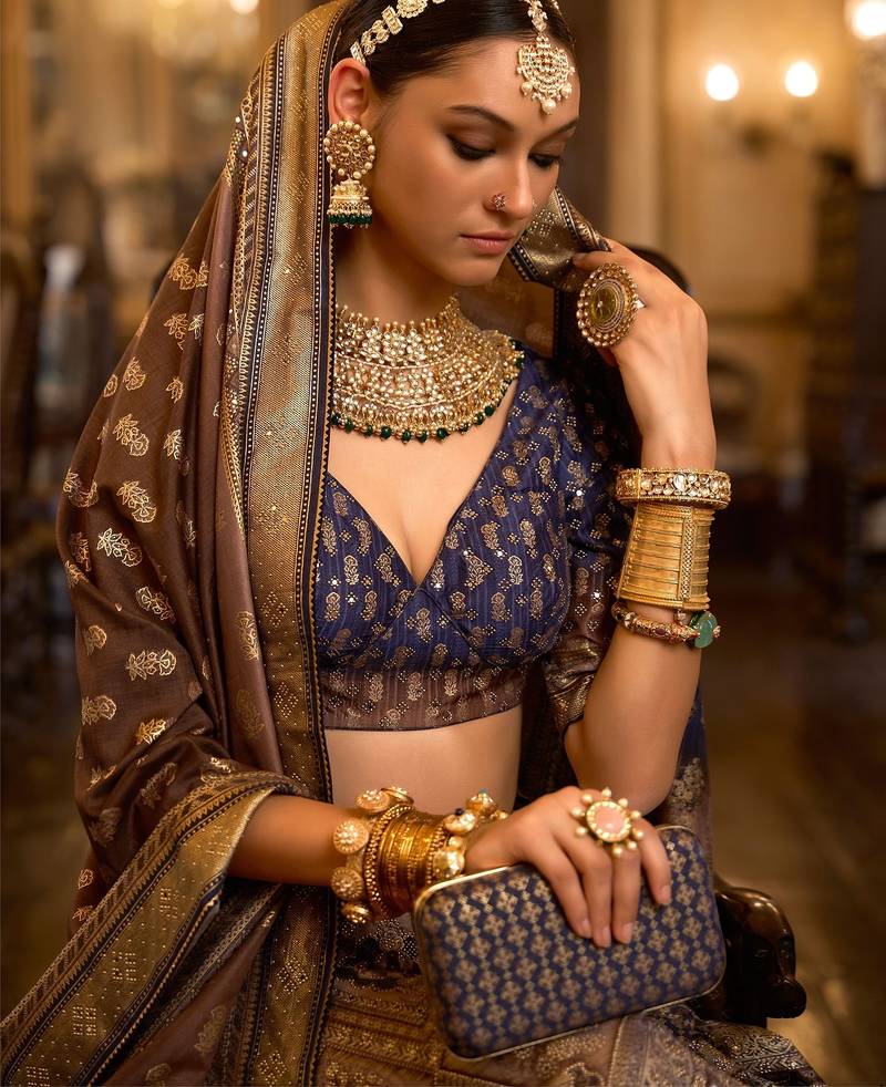 Multi Sparkle & Mirror Silk Blend Semi Stitched Lehenga Set