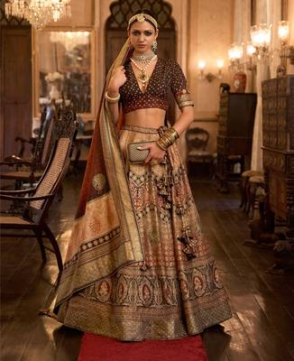 Multi Sparkle & Mirror Silk Blend Semi Stitched Lehenga Set 1