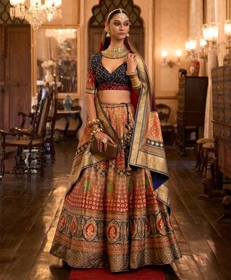 Multi Sparkle & Mirror Silk Blend Semi Stitched Lehenga Set 1