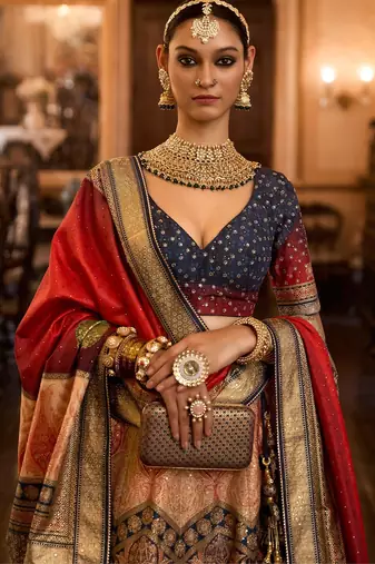 Multi Sparkle & Mirror Silk Blend Semi Stitched Lehenga Set