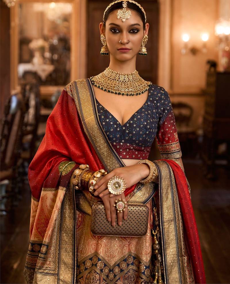 Multi Sparkle & Mirror Silk Blend Semi Stitched Lehenga Set