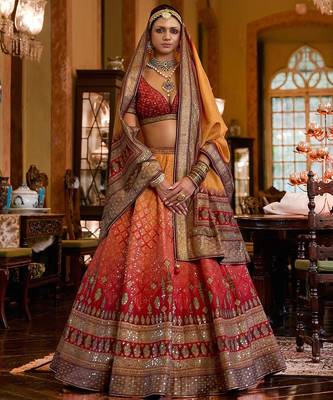 Multi Mirror Silk Blend Semi Stitched Lehenga Set 1