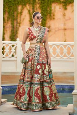 Brown Print Sequins Sparkle & Mirror Silk Blend Semi Stitched Lehenga Set 1