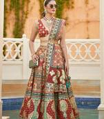 Brown Print Sequins Sparkle & Mirror Silk Blend Semi Stitched Lehenga Set