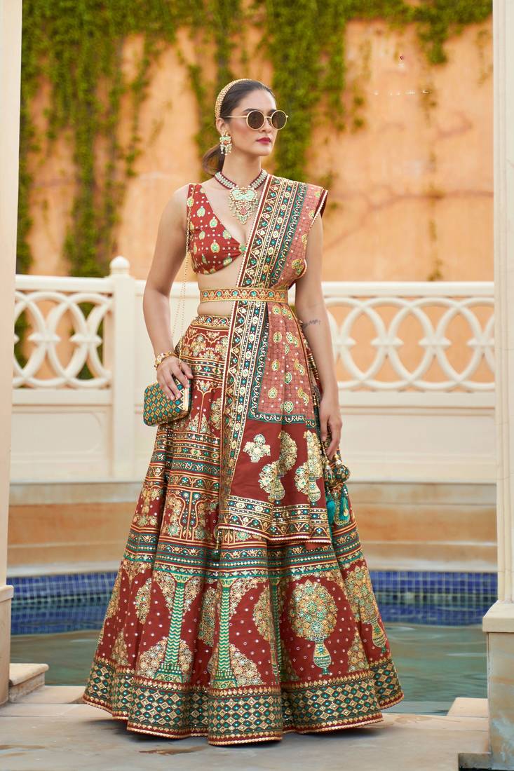 Brown Print Sequins Sparkle & Mirror Silk Blend Semi Stitched Lehenga Set
