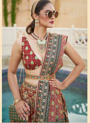 Brown Print Sequins Sparkle & Mirror Silk Blend Semi Stitched Lehenga Set 2