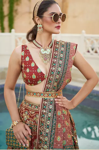 Brown Print Sequins Sparkle & Mirror Silk Blend Semi Stitched Lehenga Set