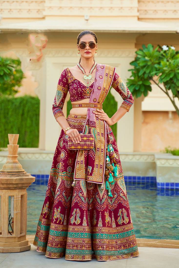Wine Print Sequins Sparkle & Mirror Silk Blend Semi Stitched Lehenga Set