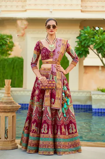 Wine Print Sequins Sparkle & Mirror Silk Blend Semi Stitched Lehenga Set