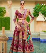 Wine Print Sequins Sparkle & Mirror Silk Blend Semi Stitched Lehenga Set