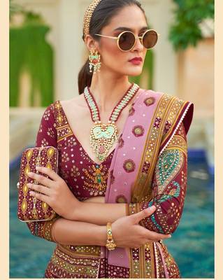 Wine Print Sequins Sparkle & Mirror Silk Blend Semi Stitched Lehenga Set 2