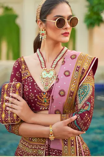 Wine Print Sequins Sparkle & Mirror Silk Blend Semi Stitched Lehenga Set