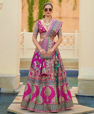 Pink Print Sequins Sparkle & Mirror Silk Blend Semi Stitched Lehenga Set 1