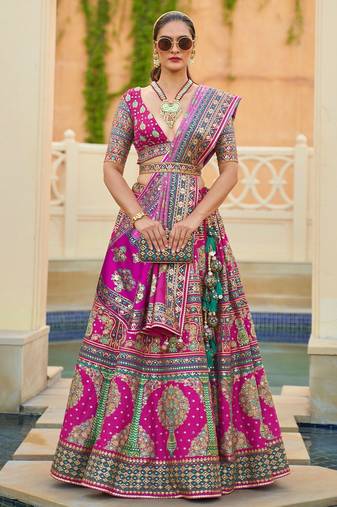 Pink Print Sequins Sparkle & Mirror Silk Blend Semi Stitched Lehenga Set