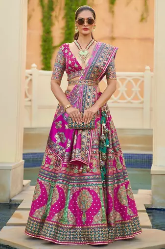 Pink Print Sequins Sparkle & Mirror Silk Blend Semi Stitched Lehenga Set