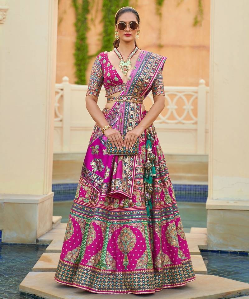 Pink Print Sequins Sparkle & Mirror Silk Blend Semi Stitched Lehenga Set