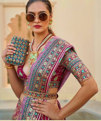 Pink Print Sequins Sparkle & Mirror Silk Blend Semi Stitched Lehenga Set 2