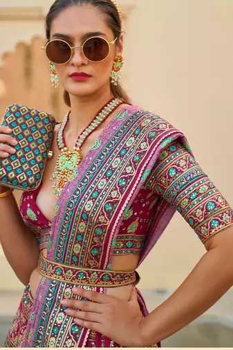 Pink Print Sequins Sparkle & Mirror Silk Blend Semi Stitched Lehenga Set