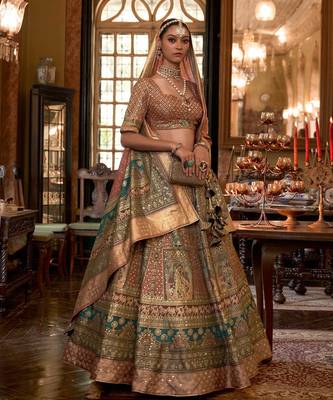 Brown Sparkle & Print Silk Blend Semi Stitched Lehenga Set 1