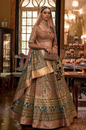 Brown Sparkle & Print Silk Blend Semi Stitched Lehenga Set