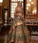 Brown Sparkle & Print Silk Blend Semi Stitched Lehenga Set