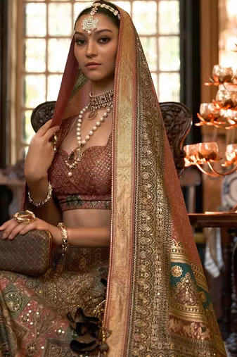 Brown Sparkle & Print Silk Blend Semi Stitched Lehenga Set