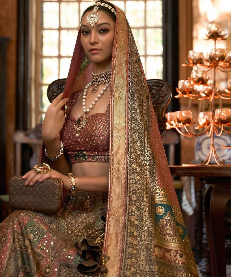 Brown Sparkle & Print Silk Blend Semi Stitched Lehenga Set