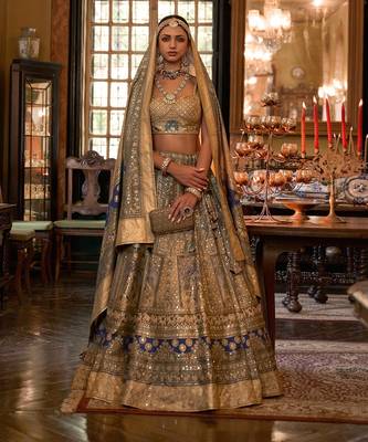 Fawn Sparkle & Print Silk Blend Semi Stitched Lehenga Set 1