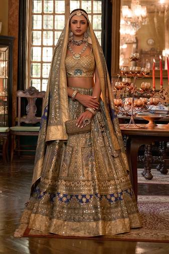 Fawn Sparkle & Print Silk Blend Semi Stitched Lehenga Set