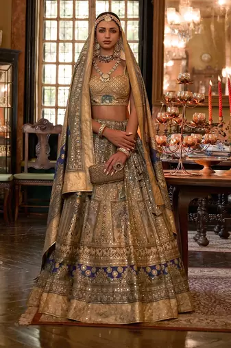 Fawn Sparkle & Print Silk Blend Semi Stitched Lehenga Set