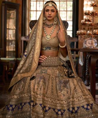 Fawn Sparkle & Print Silk Blend Semi Stitched Lehenga Set 2