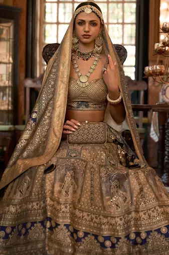 Fawn Sparkle & Print Silk Blend Semi Stitched Lehenga Set