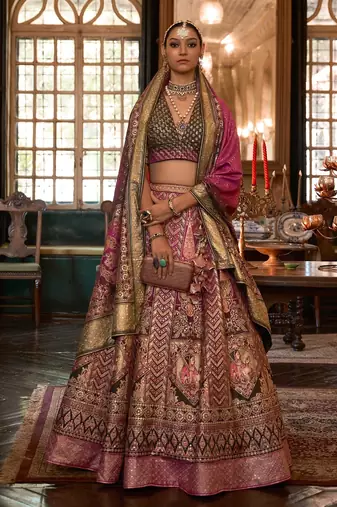 Multi Sparkle & Print Silk Blend Semi Stitched Lehenga Set