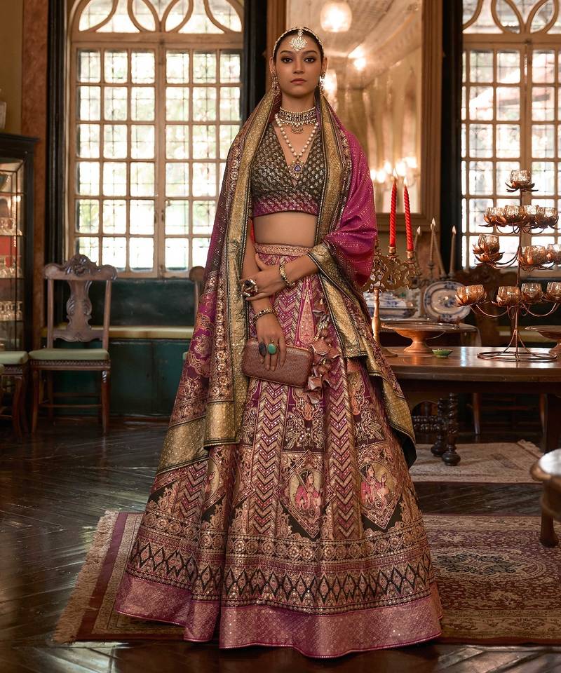 Multi Sparkle & Print Silk Blend Semi Stitched Lehenga Set