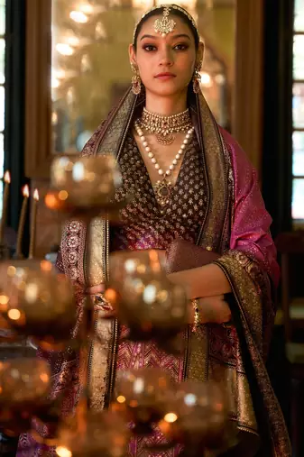 Multi Sparkle & Print Silk Blend Semi Stitched Lehenga Set